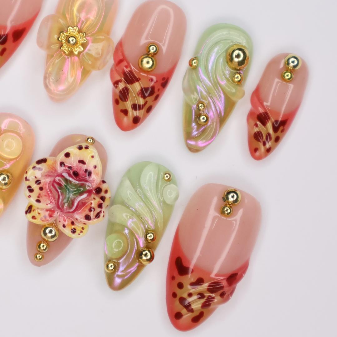 Handmade 3D Floral Press On Nail, Iridescent, Gold Accent, Jelly Effect, Custom Luxury Nail Art for Glamorous Look or Perfer Gift for Her