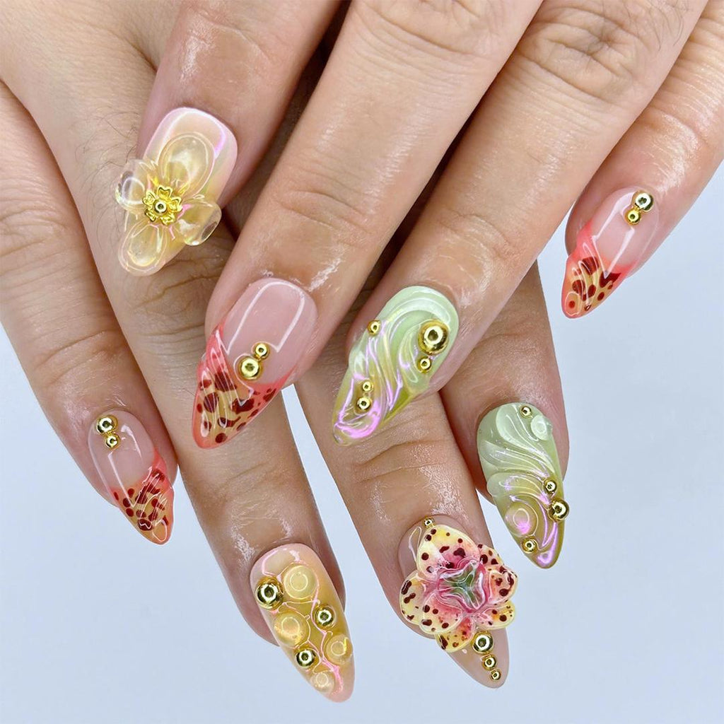 Handmade 3D Floral Press On Nail, Iridescent, Gold Accent, Jelly Effect, Custom Luxury Nail Art for Glamorous Look or Perfer Gift for Her