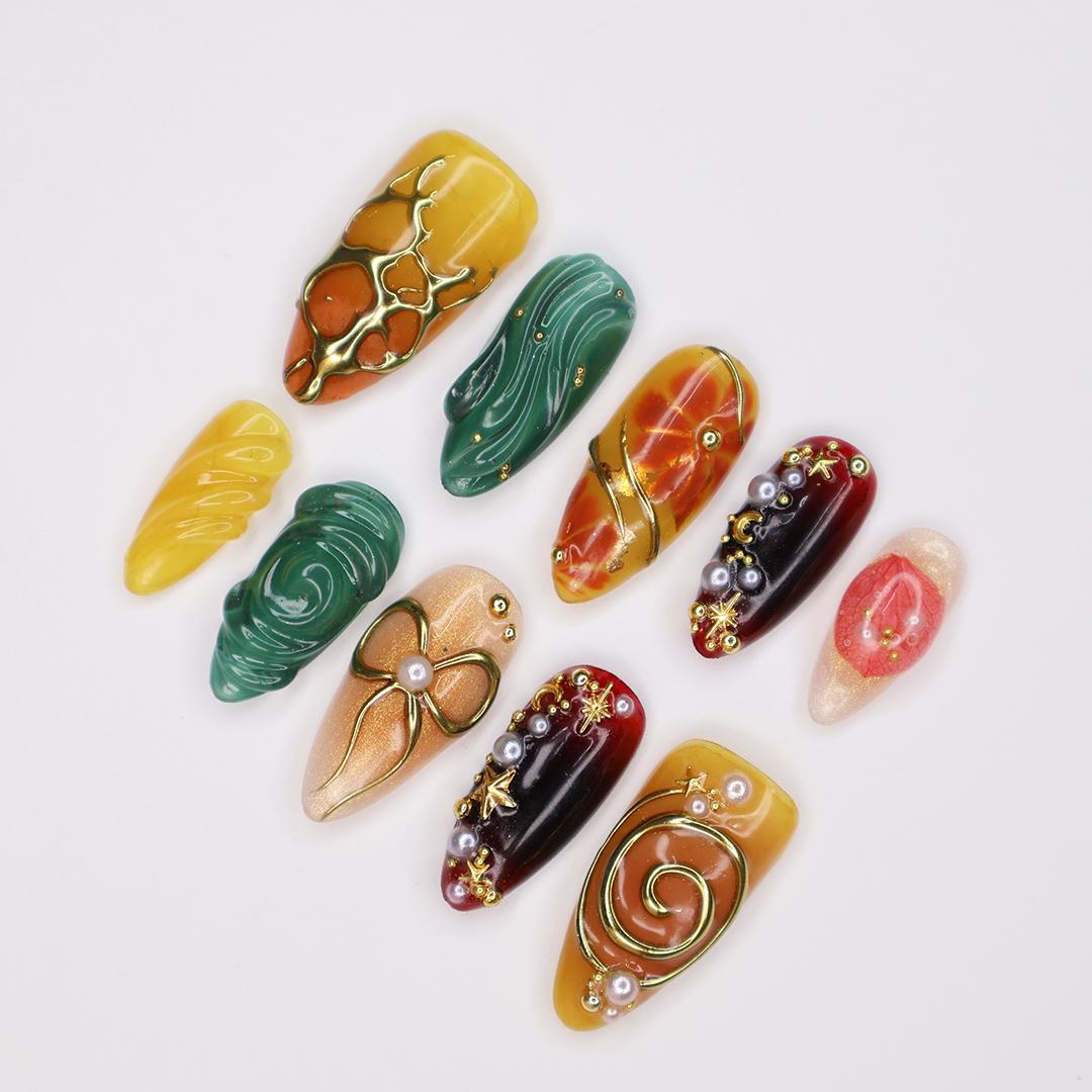 Press On Nail Golden Swirl with Bow 3D & Pearl | Floral Fake Nail in Medium Almond | Handmade Fall Luxury Nail Art for Holiday, Vacation