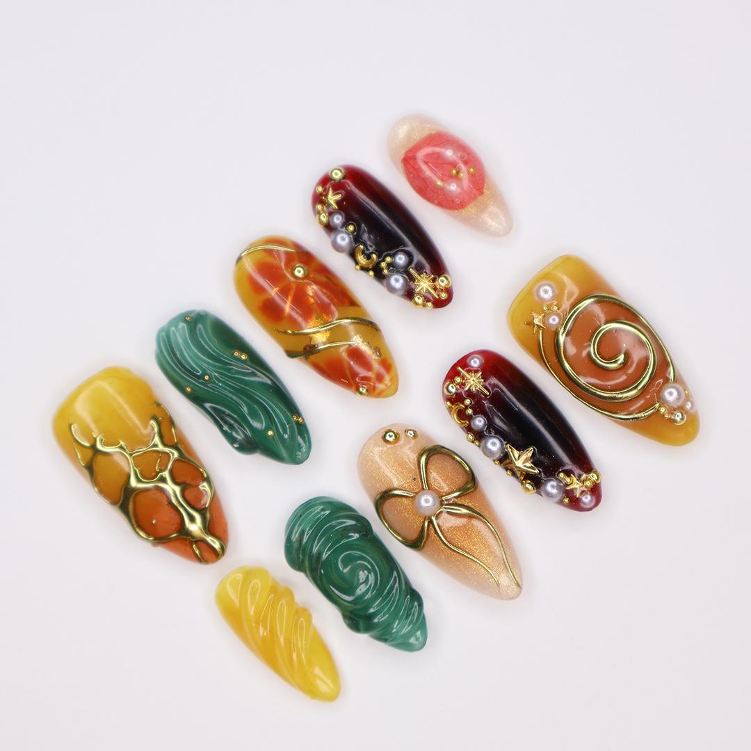 Press On Nail Golden Swirl with Bow 3D & Pearl | Floral Fake Nail in Medium Almond | Handmade Fall Luxury Nail Art for Holiday, Vacation