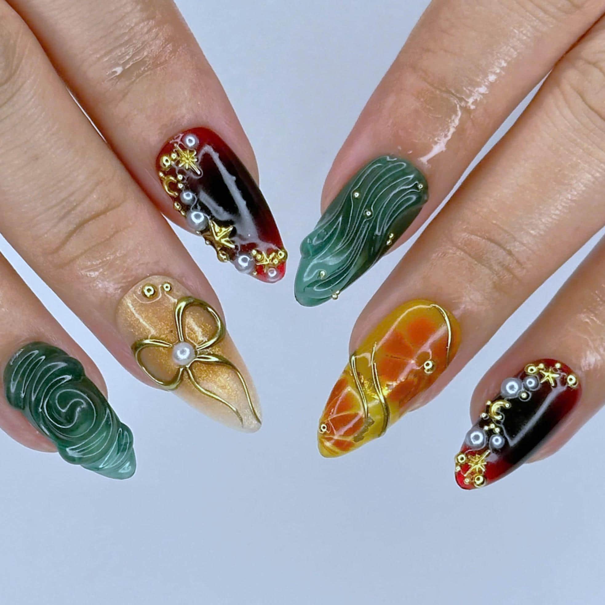 Press On Nail Golden Swirl with Bow 3D & Pearl | Floral Fake Nail in Medium Almond | Handmade Fall Luxury Nail Art for Holiday, Vacation