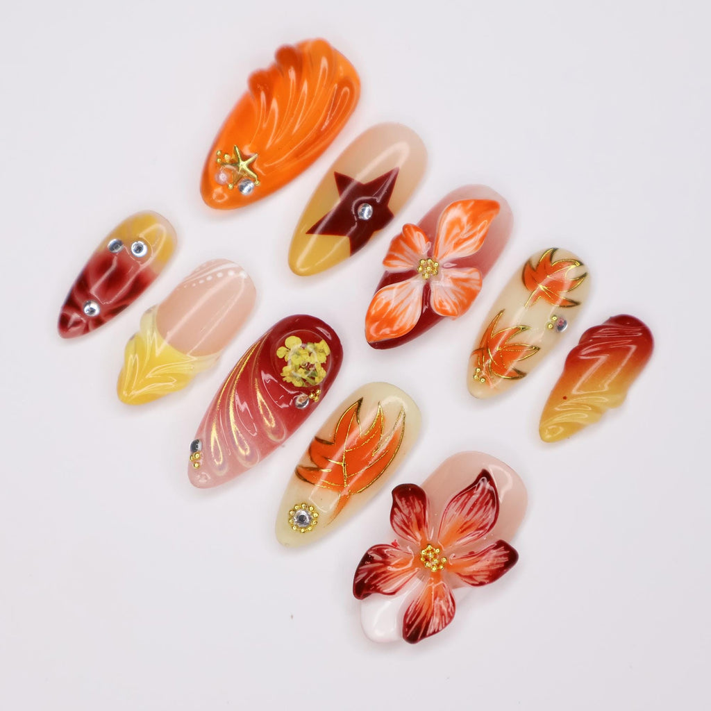 Press On Nails Autumn Blaze with Floral & Leaf Art | 3D Fake Nails in Medium Almond | Handmade Fall Nail Art for Holiday, Vacation, Birthday
