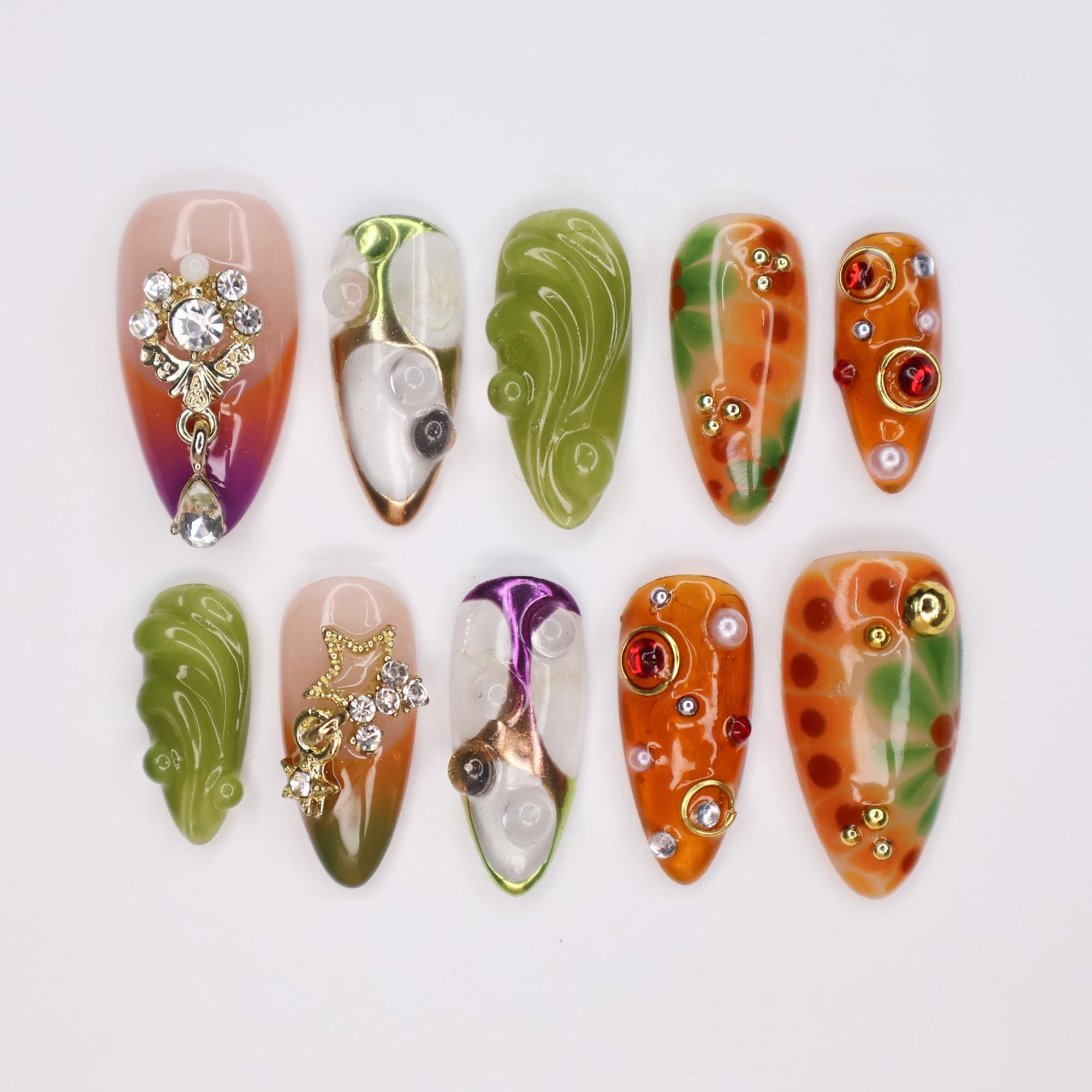 Press On Nails Jewel Garden with Swirl & Crystal Charm | 3D Fake Nails in Medium Almond | Handmade Nail Art for Holiday, Vacation, Birthday