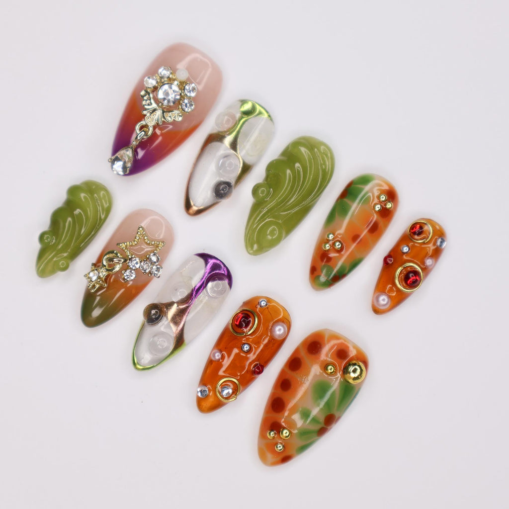 Press On Nails Jewel Garden with Swirl & Crystal Charm | 3D Fake Nails in Medium Almond | Handmade Nail Art for Holiday, Vacation, Birthday