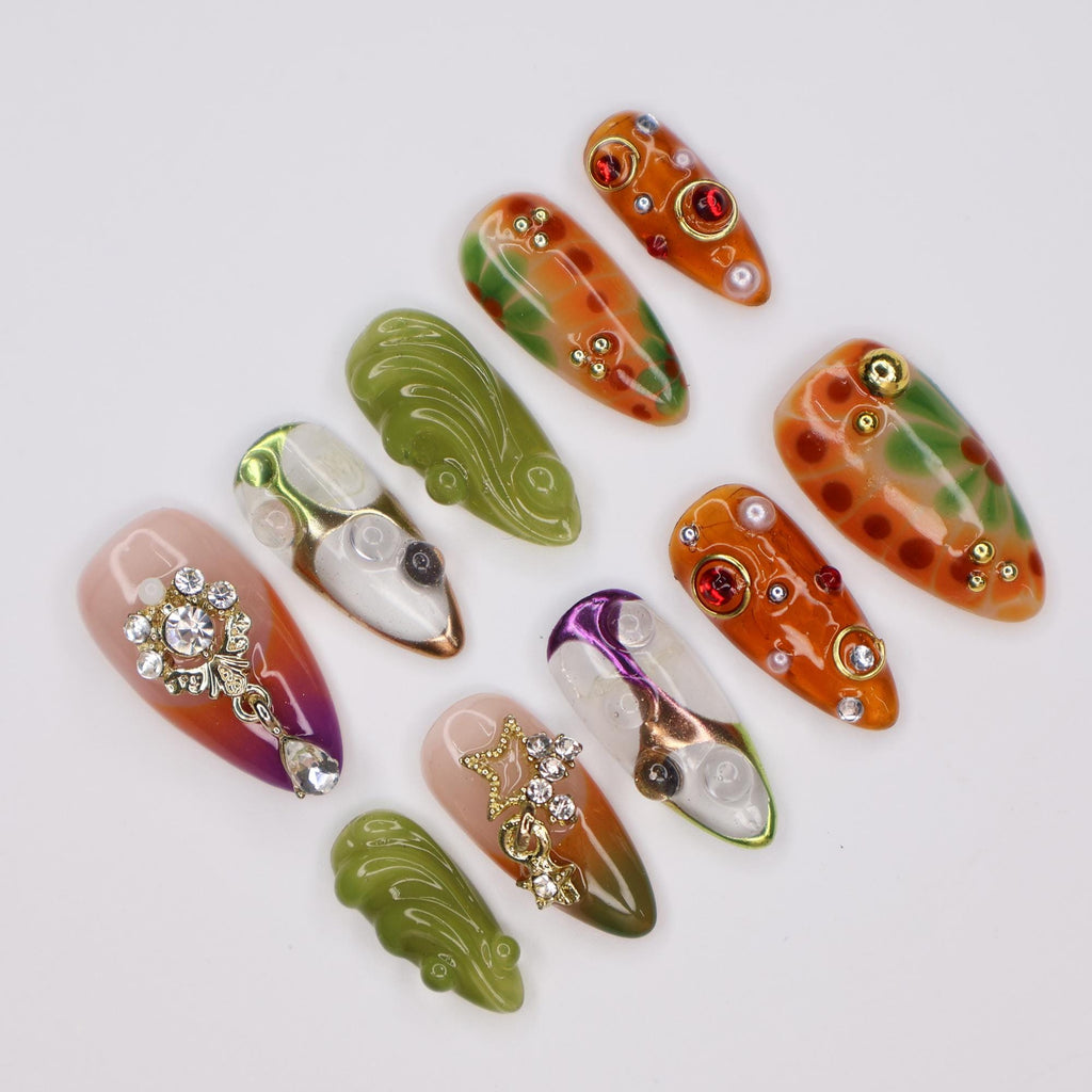 Press On Nails Jewel Garden with Swirl & Crystal Charm | 3D Fake Nails in Medium Almond | Handmade Nail Art for Holiday, Vacation, Birthday