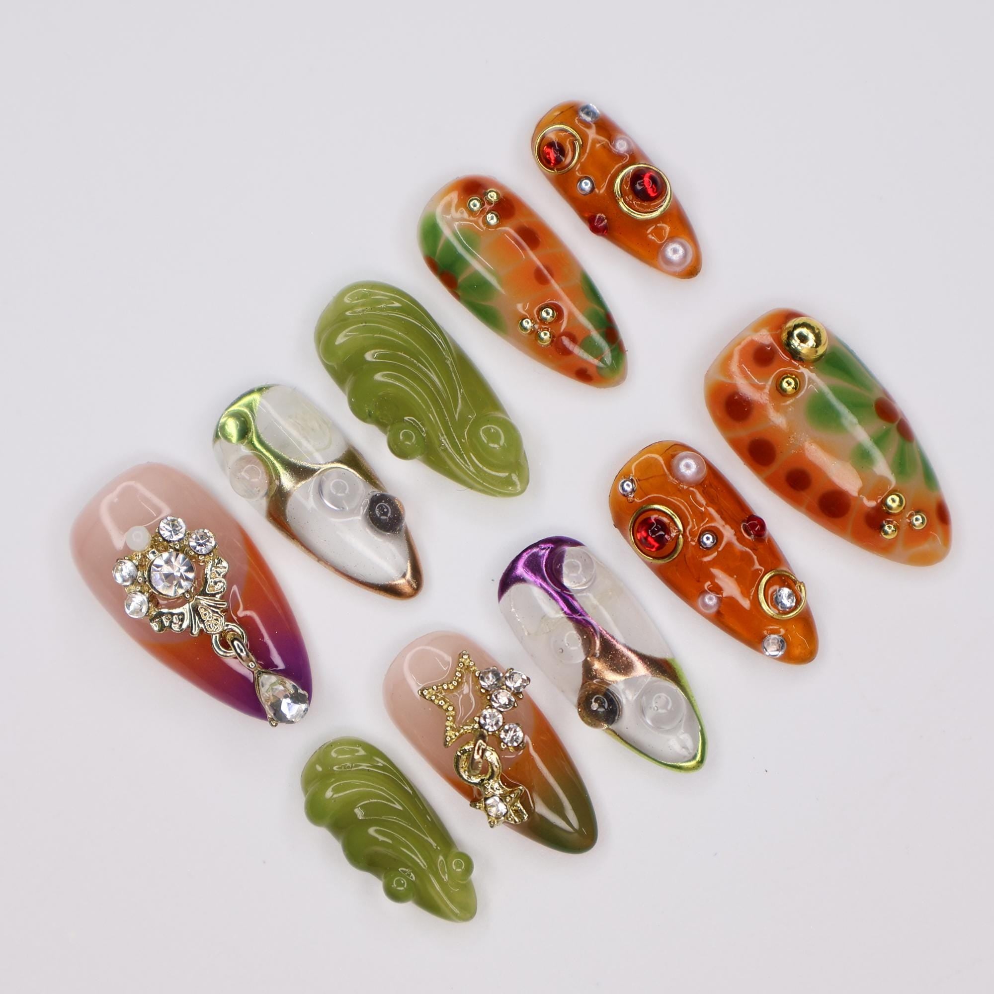 Press On Nails Jewel Garden with Swirl & Crystal Charm | 3D Fake Nails in Medium Almond | Handmade Nail Art for Holiday, Vacation, Birthday