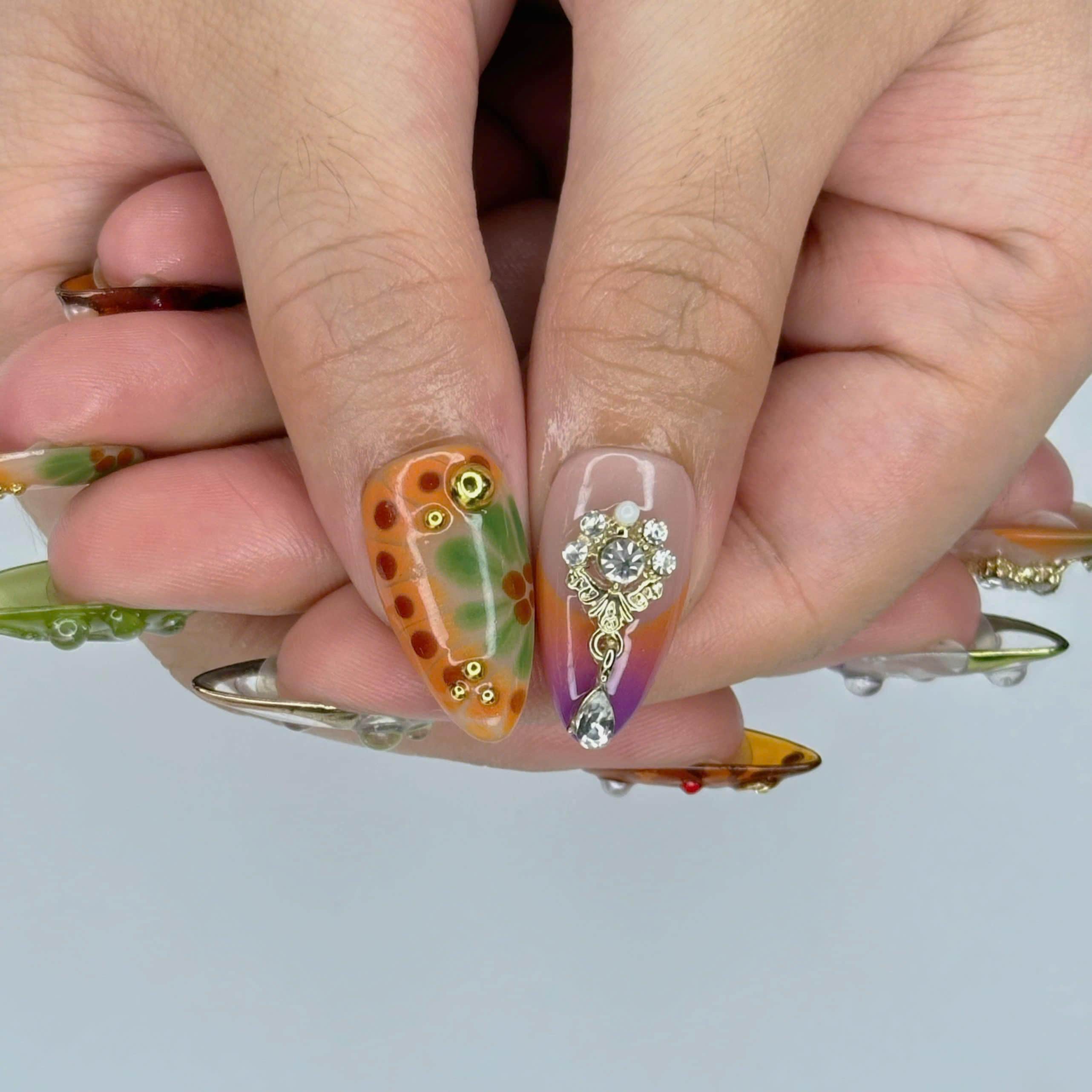 Press On Nails Jewel Garden with Swirl & Crystal Charm | 3D Fake Nails in Medium Almond | Handmade Nail Art for Holiday, Vacation, Birthday