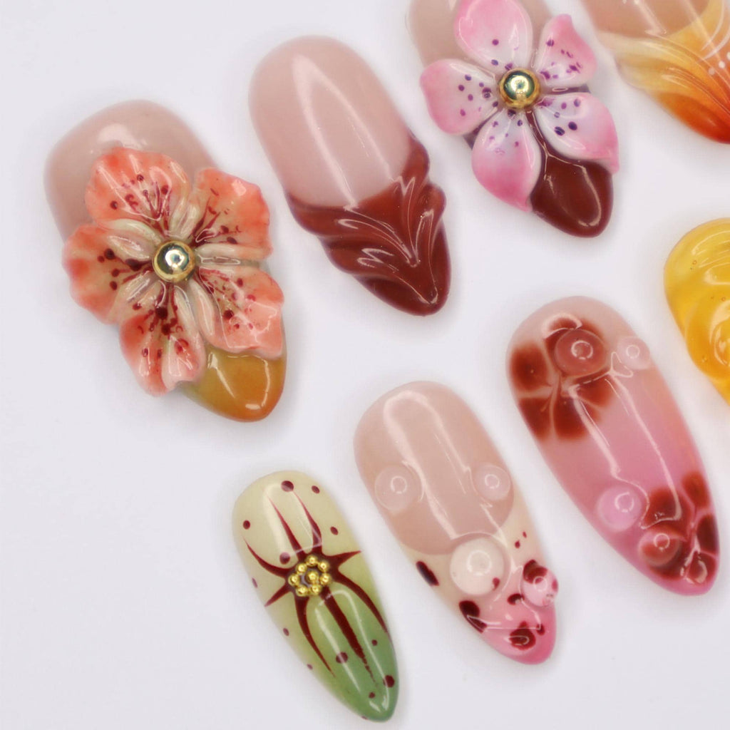 Press On Nail Blooming Sunset with Floral & Swirl Art | 3D Fake Nail in Medium Almond | Handmade Fall Nail Art for Holiday, Vacation, Gift