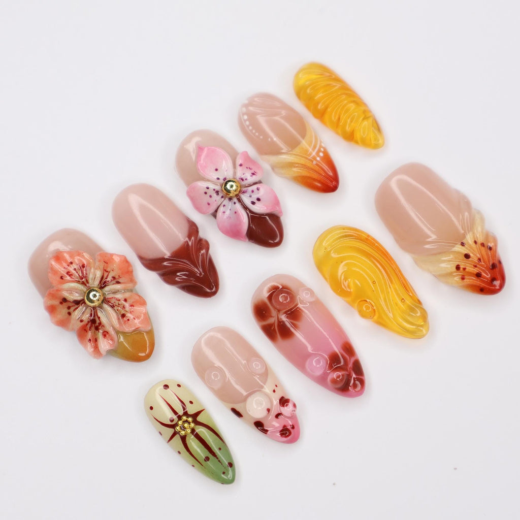 Press On Nail Blooming Sunset with Floral & Swirl Art | 3D Fake Nail in Medium Almond | Handmade Fall Nail Art for Holiday, Vacation, Gift
