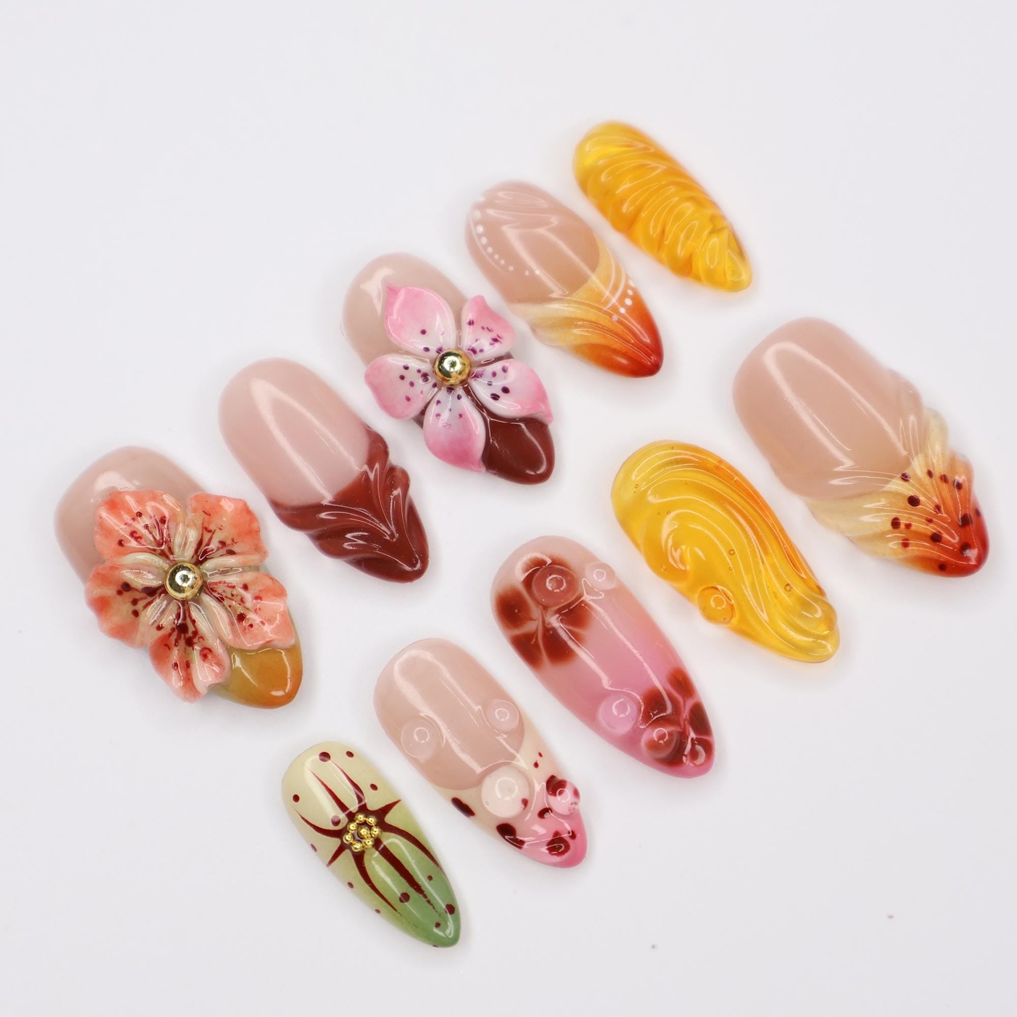 Press On Nail Blooming Sunset with Floral & Swirl Art | 3D Fake Nail in Medium Almond | Handmade Fall Nail Art for Holiday, Vacation, Gift