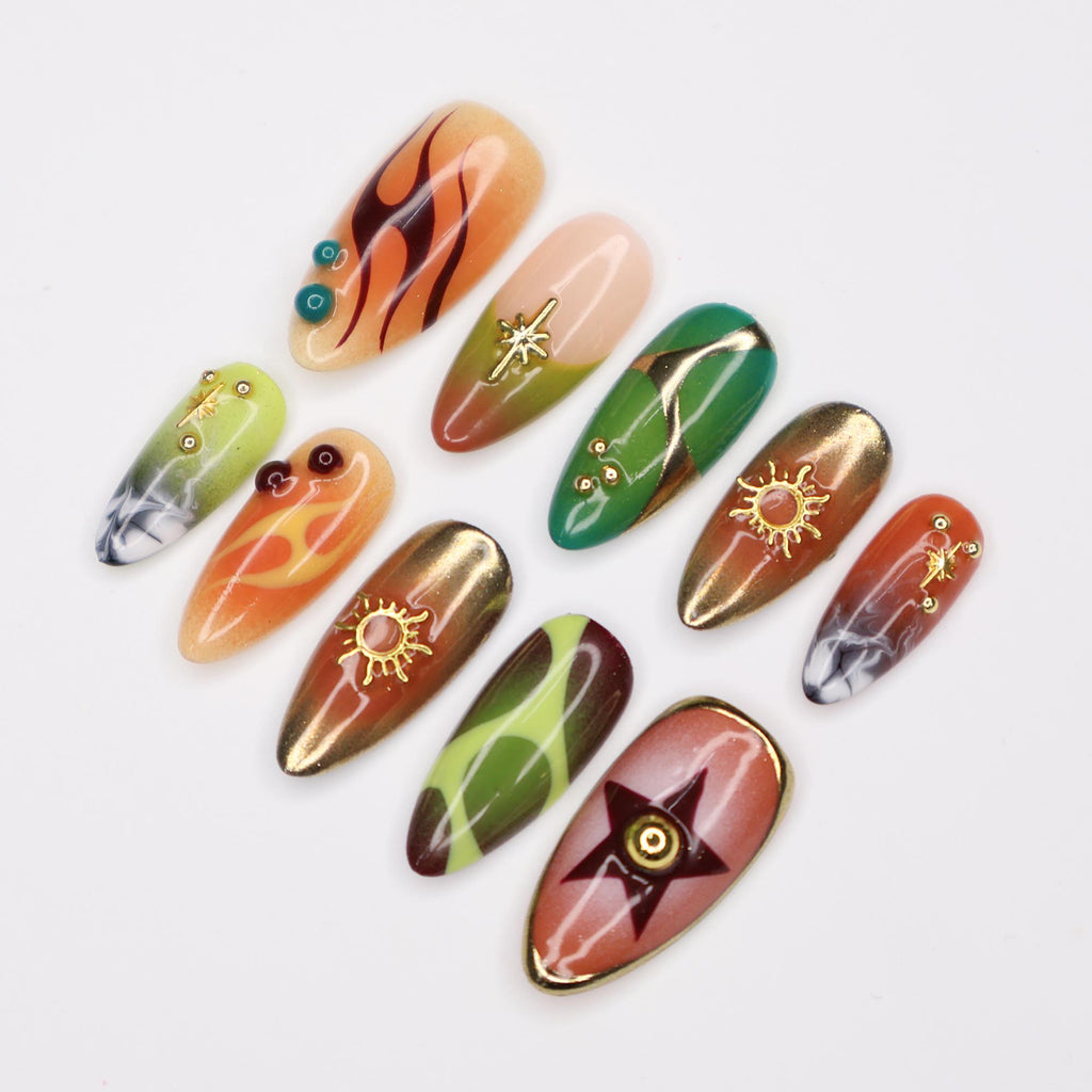 Press On Nails Cosmic Swirl with Star & Gold Sun | 3D Fake Nails in Medium Almond | Handmade Autumn Nail Art for Holiday, Vacation, Birthday