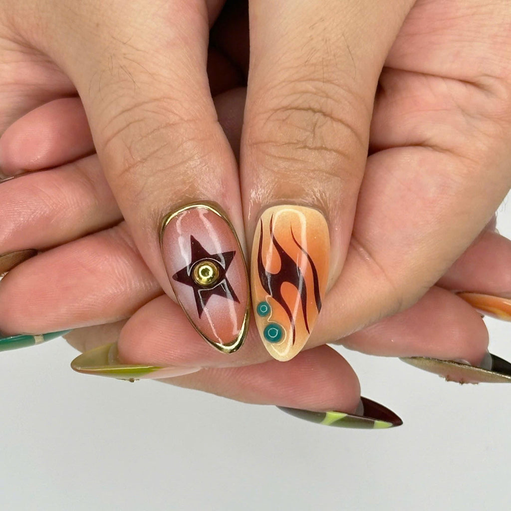 Press On Nails Cosmic Swirl with Star & Gold Sun | 3D Fake Nails in Medium Almond | Handmade Autumn Nail Art for Holiday, Vacation, Birthday