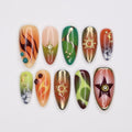 Press On Nails Cosmic Swirl with Star & Gold Sun | 3D Fake Nails in Medium Almond | Handmade Autumn Nail Art for Holiday, Vacation, Birthday