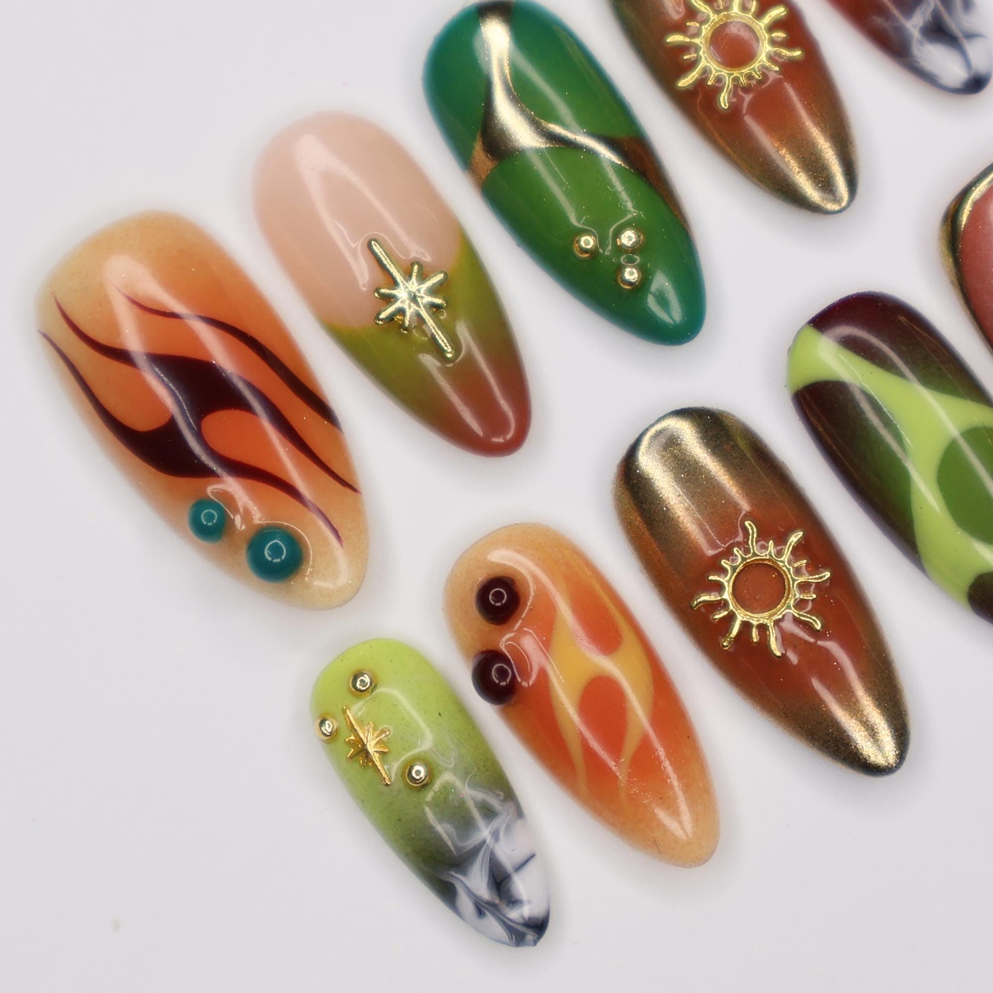 Press On Nails Cosmic Swirl with Star & Gold Sun | 3D Fake Nails in Medium Almond | Handmade Autumn Nail Art for Holiday, Vacation, Birthday