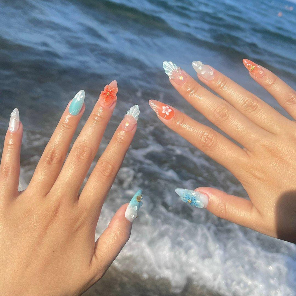 Press On Nails Ocean Bloom with Shell & Flower Art | Beachy 3D Fake Nails in Medium Almond | Handmade Summer Nail Art for Holiday, Vacation
