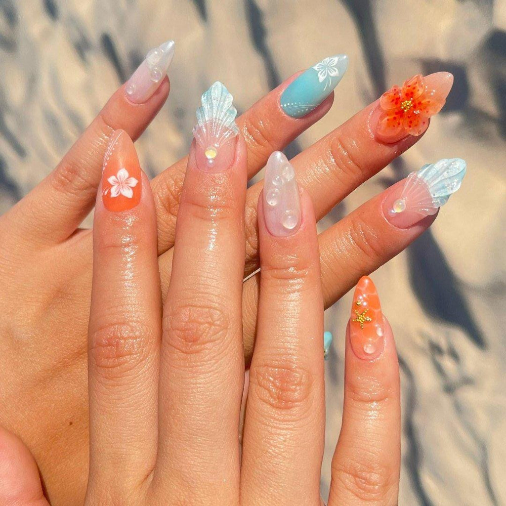 Press On Nails Ocean Bloom with Shell & Flower Art | Beachy 3D Fake Nails in Medium Almond | Handmade Summer Nail Art for Holiday, Vacation
