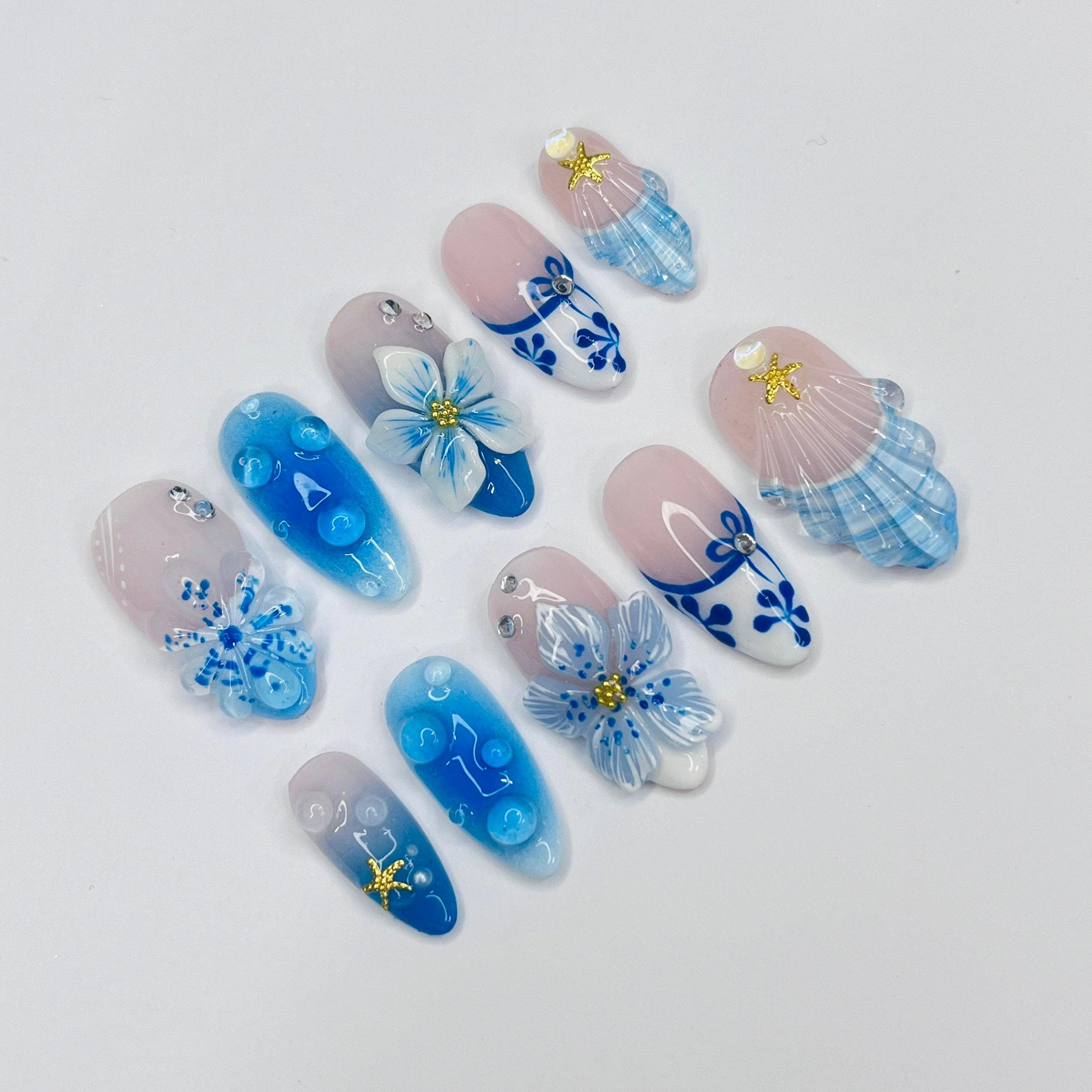 Press On Nails Blue Lagoon with Shell & Floral Art | Oceanic 3D Fake Nails in Medium Almond | Handmade Summer Nail Art for Holiday, Vacation