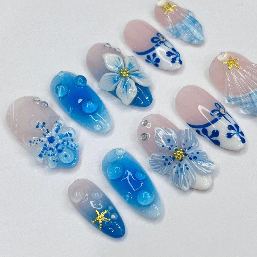 Press On Nails Blue Lagoon with Shell & Floral Art | Oceanic 3D Fake Nails in Medium Almond | Handmade Summer Nail Art for Holiday, Vacation