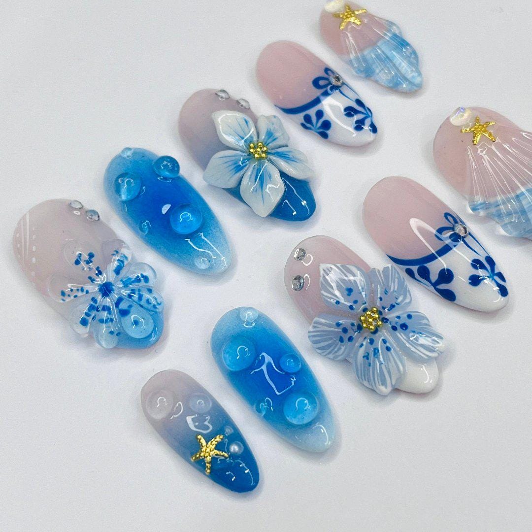 Press On Nails Blue Lagoon with Shell & Floral Art | Oceanic 3D Fake Nails in Medium Almond | Handmade Summer Nail Art for Holiday, Vacation