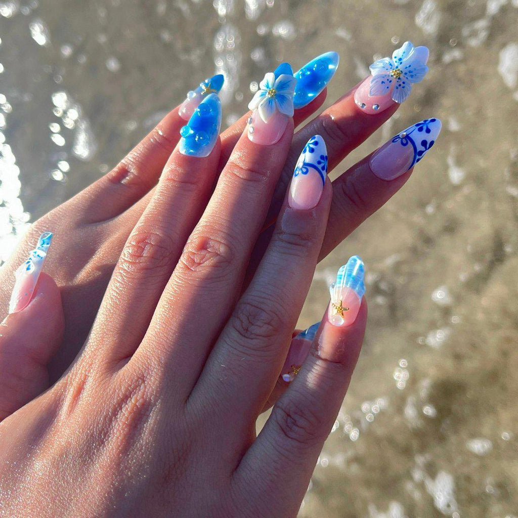 Press On Nails Blue Lagoon with Shell & Floral Art | Oceanic 3D Fake Nails in Medium Almond | Handmade Summer Nail Art for Holiday, Vacation