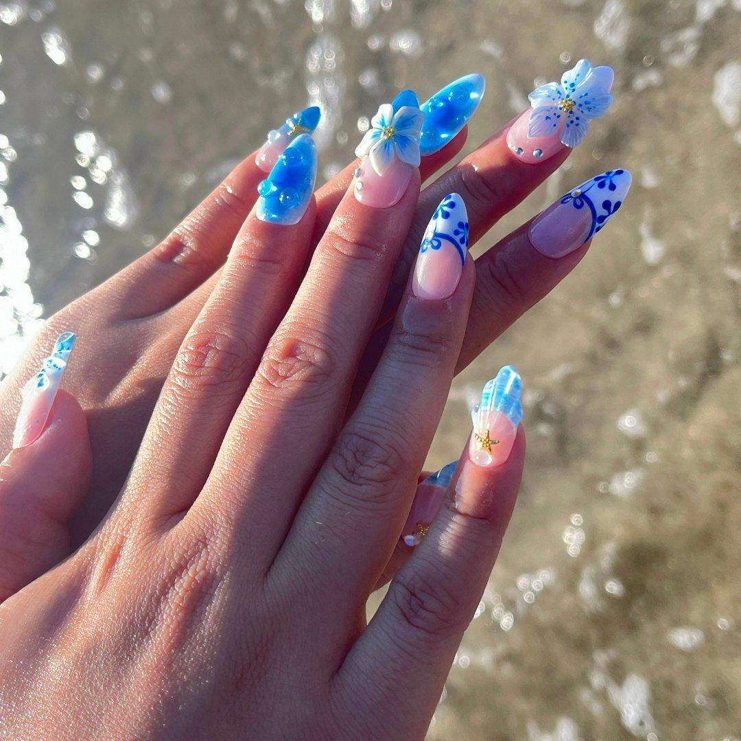 Press On Nails Blue Lagoon with Shell & Floral Art | Oceanic 3D Fake Nails in Medium Almond | Handmade Summer Nail Art for Holiday, Vacation