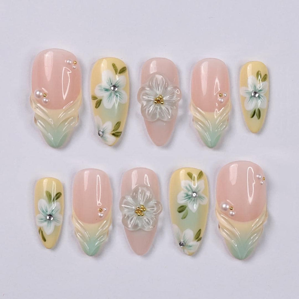 Pastel Floral Press On Nails with 3D White Flowers, Pearls, Yellow & Green Almond Nails, Perfect for Birthday, Vacation Or Gift For Her