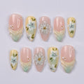 Pastel Floral Press On Nails with 3D White Flowers, Pearls, Yellow & Green Almond Nails, Perfect for Birthday, Vacation Or Gift For Her