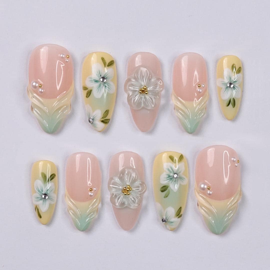 Pastel Floral Press On Nails with 3D White Flowers, Pearls, Yellow & Green Almond Nails, Perfect for Birthday, Vacation Or Gift For Her