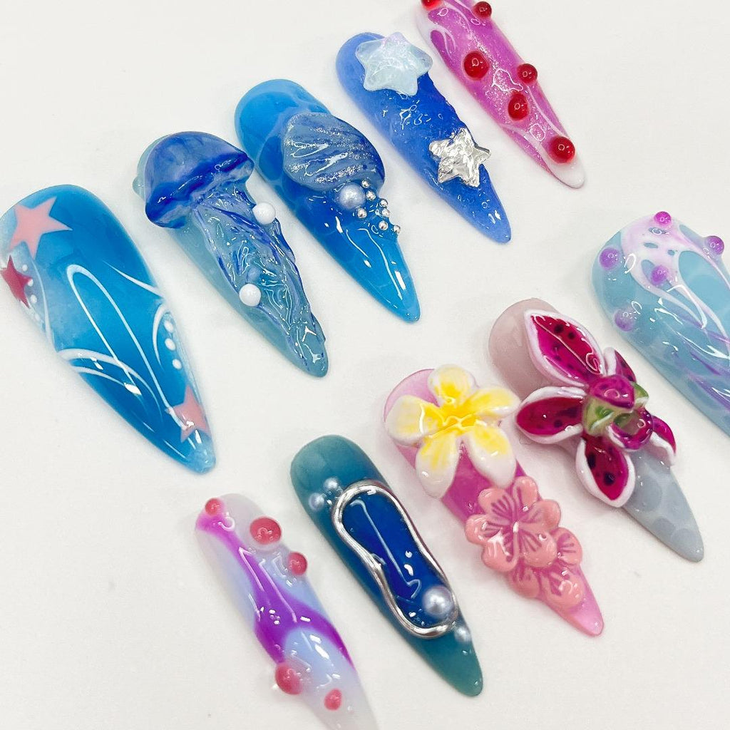 Press On Nails Jellyfish with Plumeria | 3D Floral Fake Nails in Long Almond | Handmade Summer Starfish Nail Art for Holiday, Vacation, Gift