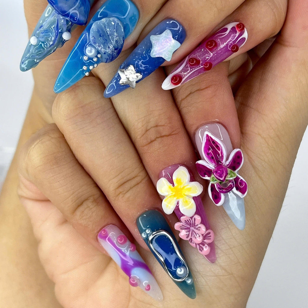 Press On Nails Jellyfish with Plumeria | 3D Floral Fake Nails in Long Almond | Handmade Summer Starfish Nail Art for Holiday, Vacation, Gift