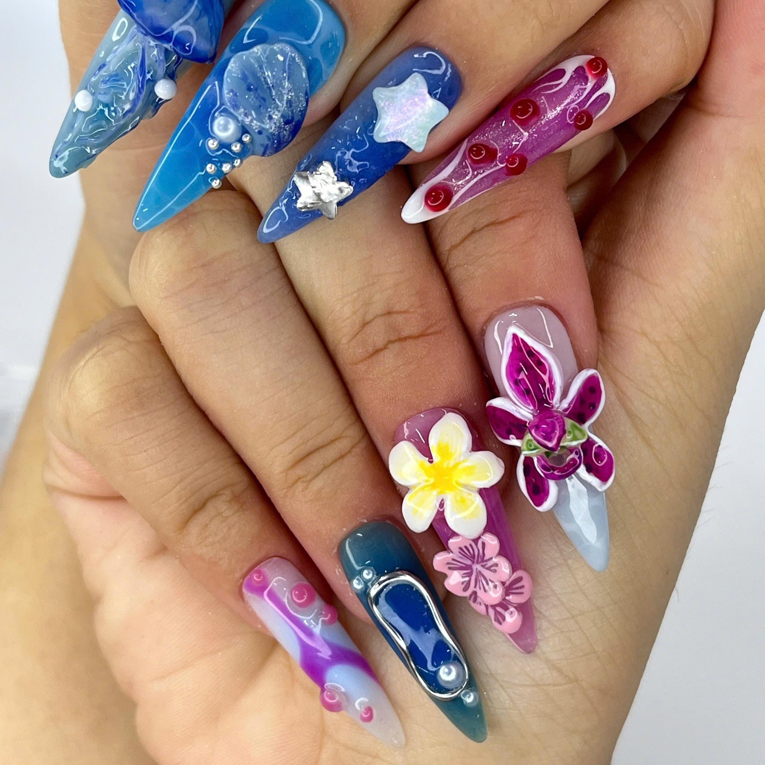 Press On Nails Jellyfish with Plumeria | 3D Floral Fake Nails in Long Almond | Handmade Summer Starfish Nail Art for Holiday, Vacation, Gift