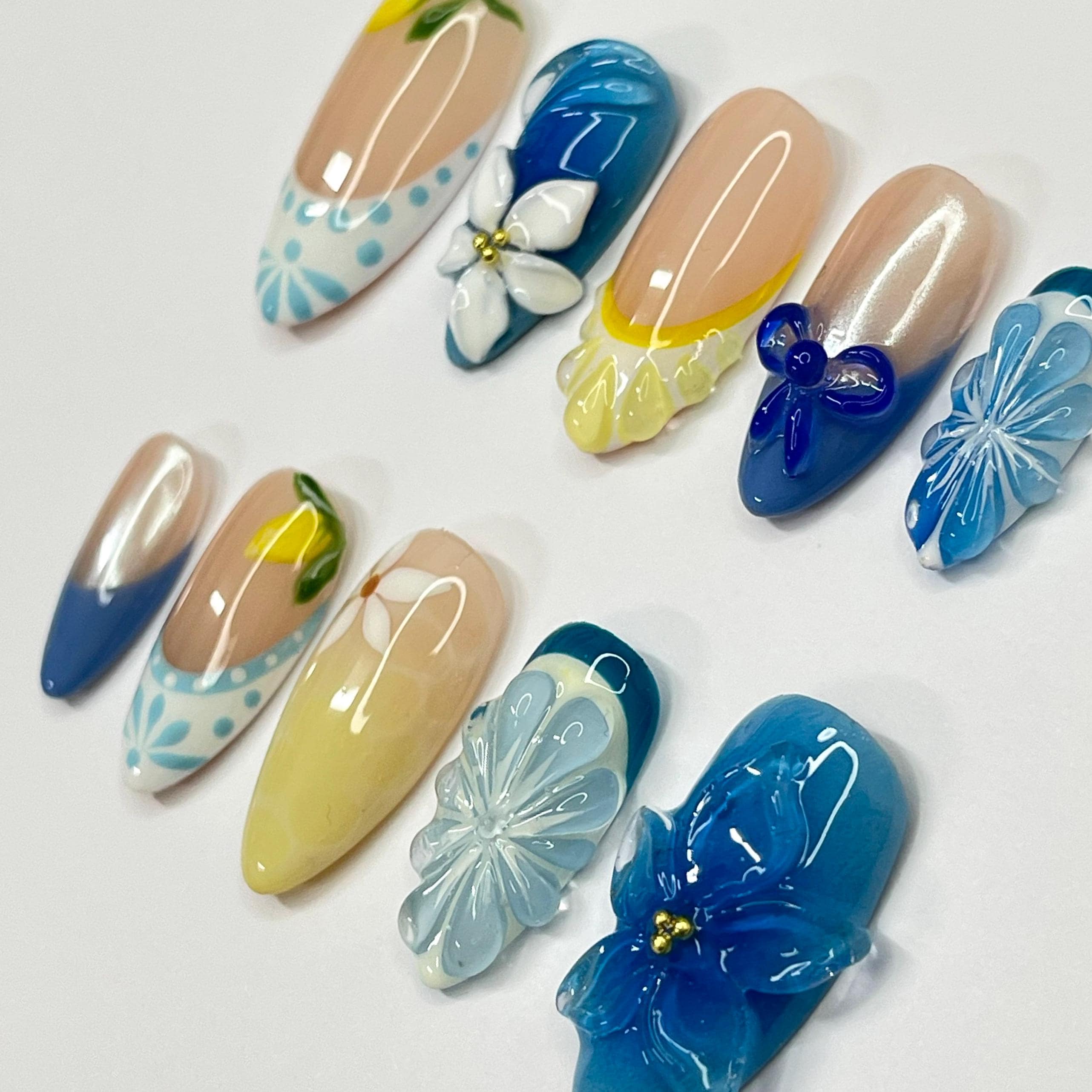 Press On Nails Lemon Art with Plumeria | 3D Floral Fake Nails in Medium Almond | Handmade Summer Nail Art for Holiday, Vacation, Birthday