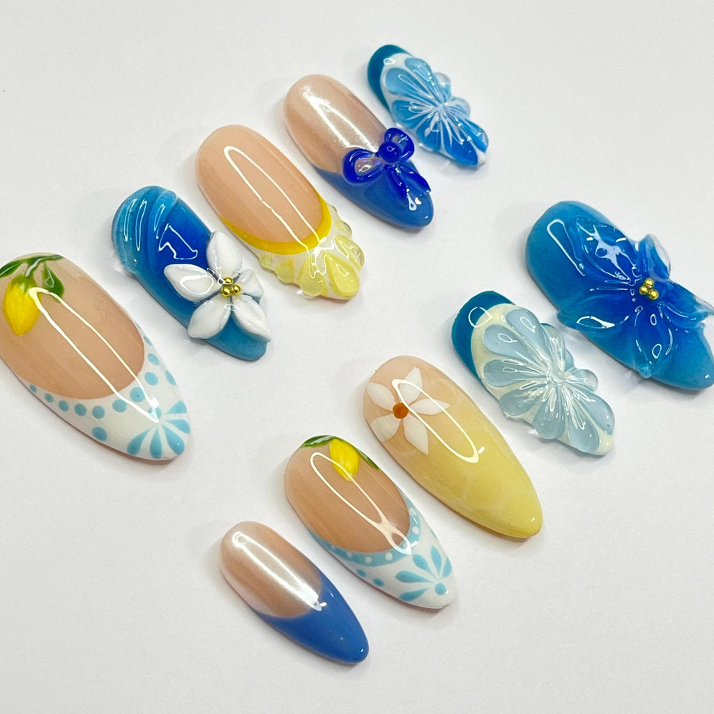 Press On Nails Lemon Art with Plumeria | 3D Floral Fake Nails in Medium Almond | Handmade Summer Nail Art for Holiday, Vacation, Birthday