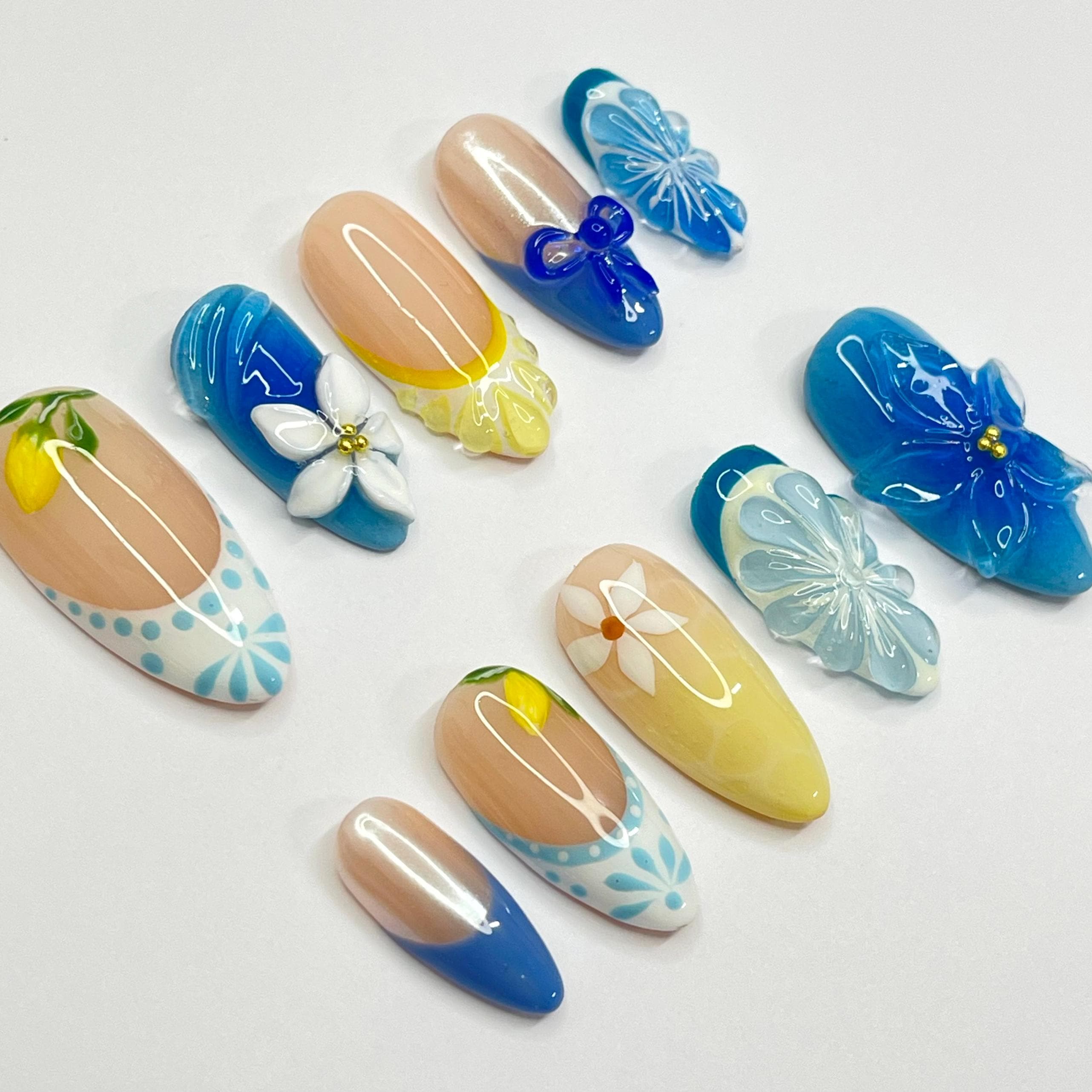 Press On Nails Lemon Art with Plumeria | 3D Floral Fake Nails in Medium Almond | Handmade Summer Nail Art for Holiday, Vacation, Birthday