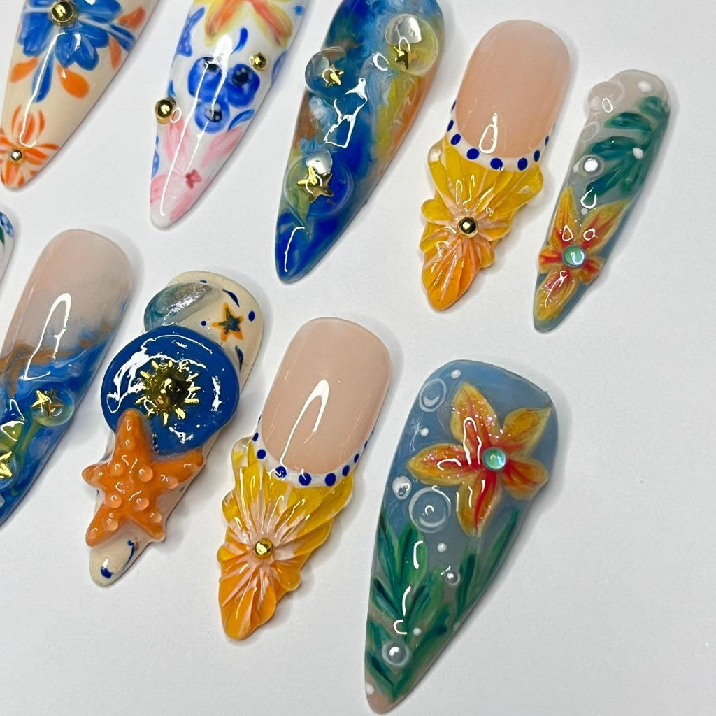 Press On Nails Tropical Bloom with Starfish | 3D Floral Fake Nails in Long Almond | Handmade Summer Nail Art for Holiday, Vacation, Birthday