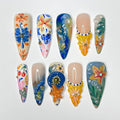 Press On Nails Tropical Bloom with Starfish | 3D Floral Fake Nails in Long Almond | Handmade Summer Nail Art for Holiday, Vacation, Birthday