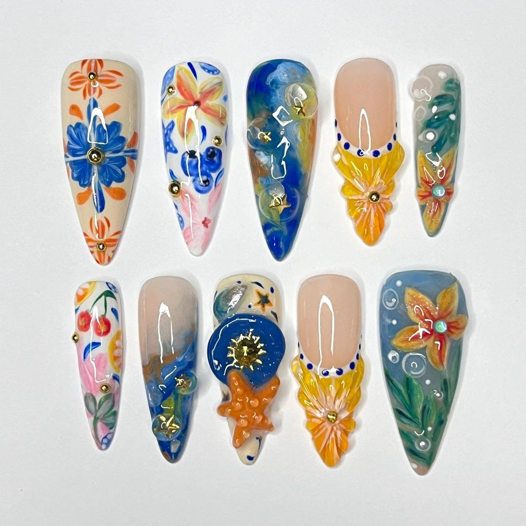 Press On Nails Tropical Bloom with Starfish | 3D Floral Fake Nails in Long Almond | Handmade Summer Nail Art for Holiday, Vacation, Birthday