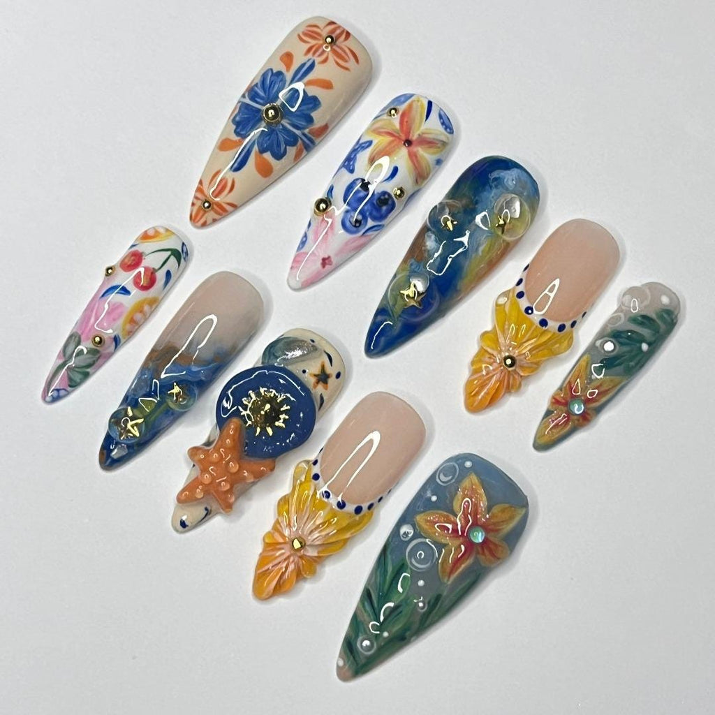 Press On Nails Tropical Bloom with Starfish | 3D Floral Fake Nails in Long Almond | Handmade Summer Nail Art for Holiday, Vacation, Birthday