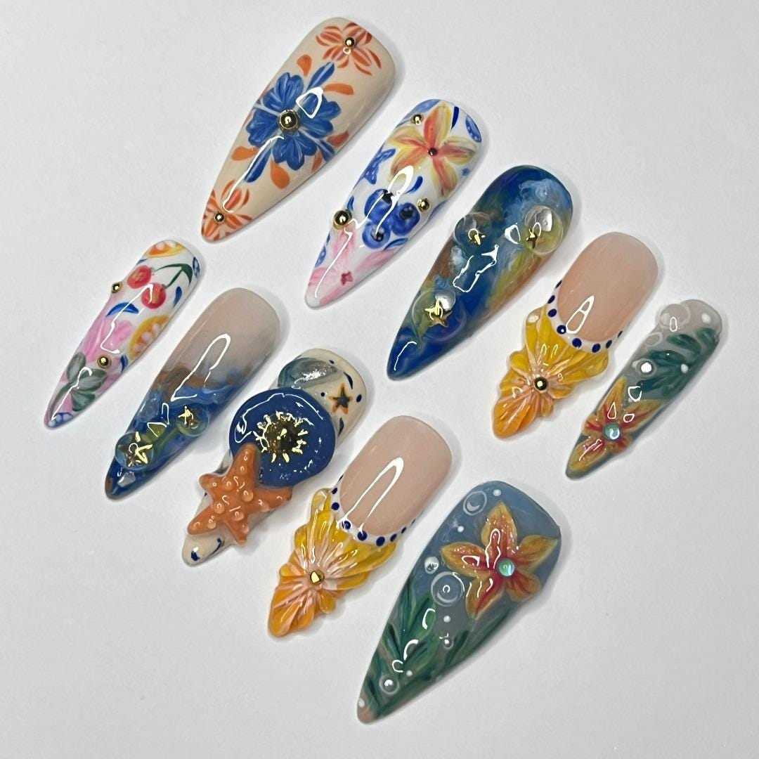 Press On Nails Tropical Bloom with Starfish | 3D Floral Fake Nails in Long Almond | Handmade Summer Nail Art for Holiday, Vacation, Birthday