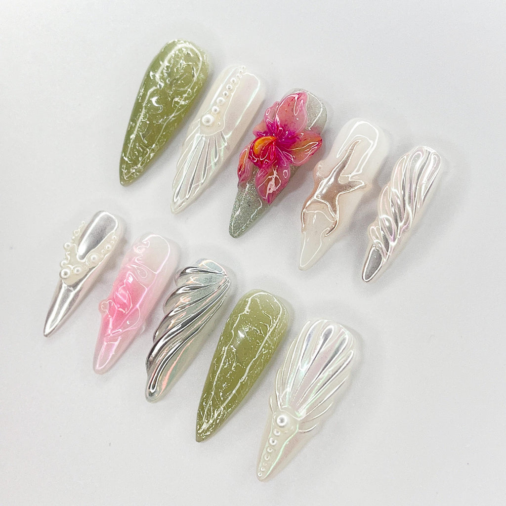 Press On Nails Pearl Orchid with Starfish | 3D Floral Fake Nails in Long Almond | Handmade Elegant Nail Art for Holiday, Vacation, Birthday
