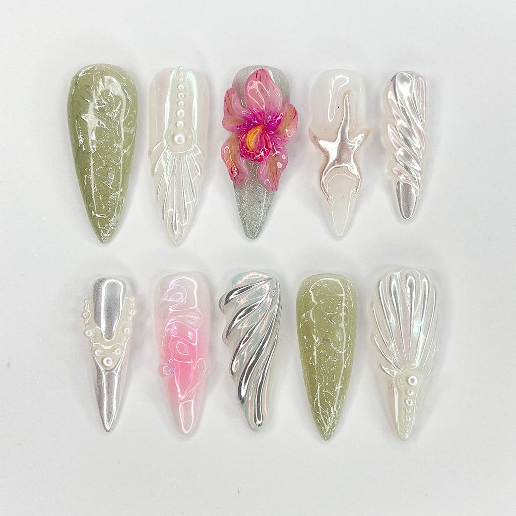 Press On Nails Pearl Orchid with Starfish | 3D Floral Fake Nails in Long Almond | Handmade Elegant Nail Art for Holiday, Vacation, Birthday