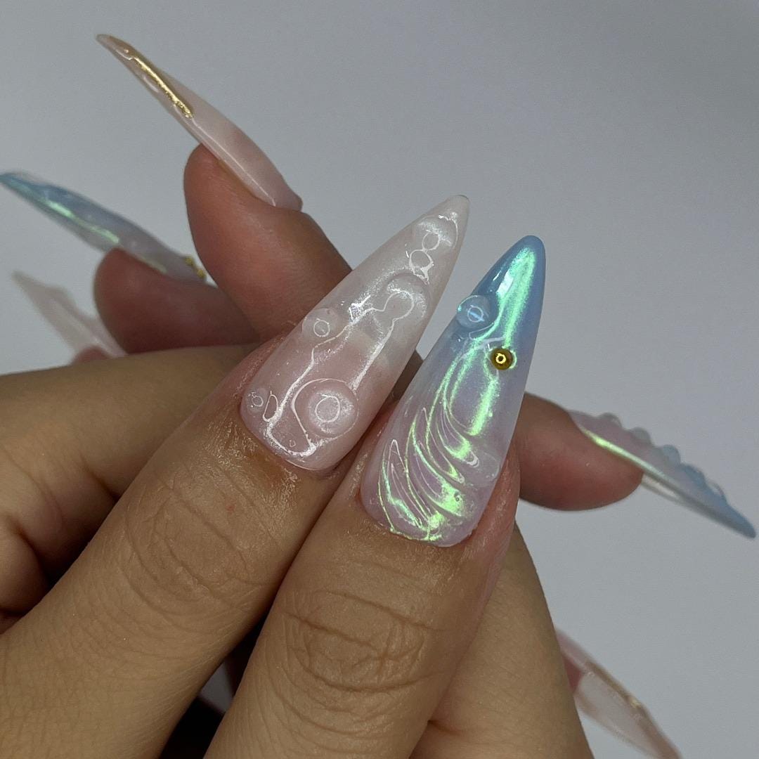 Press On Nails Mermaid Dreams with Gold & Iridescent | 3D Fake Nails in Long Almond | Handmade Nail Art for Holiday, Vacation, Birthday
