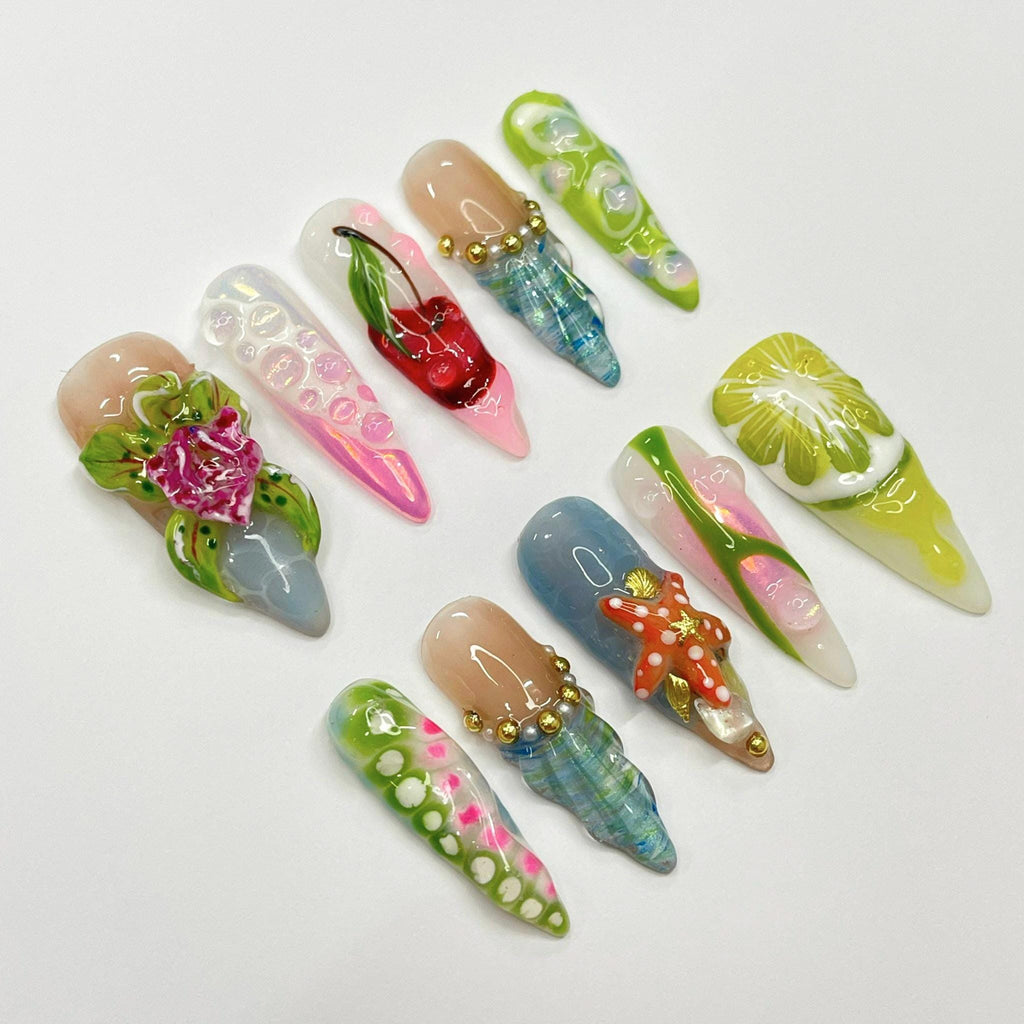 Summer Press On Nail with Lime Cherry |Starfish & Mermaid Fake Nail in Long Almond | 3D Floral Nail Art for Beach Holiday Vacation