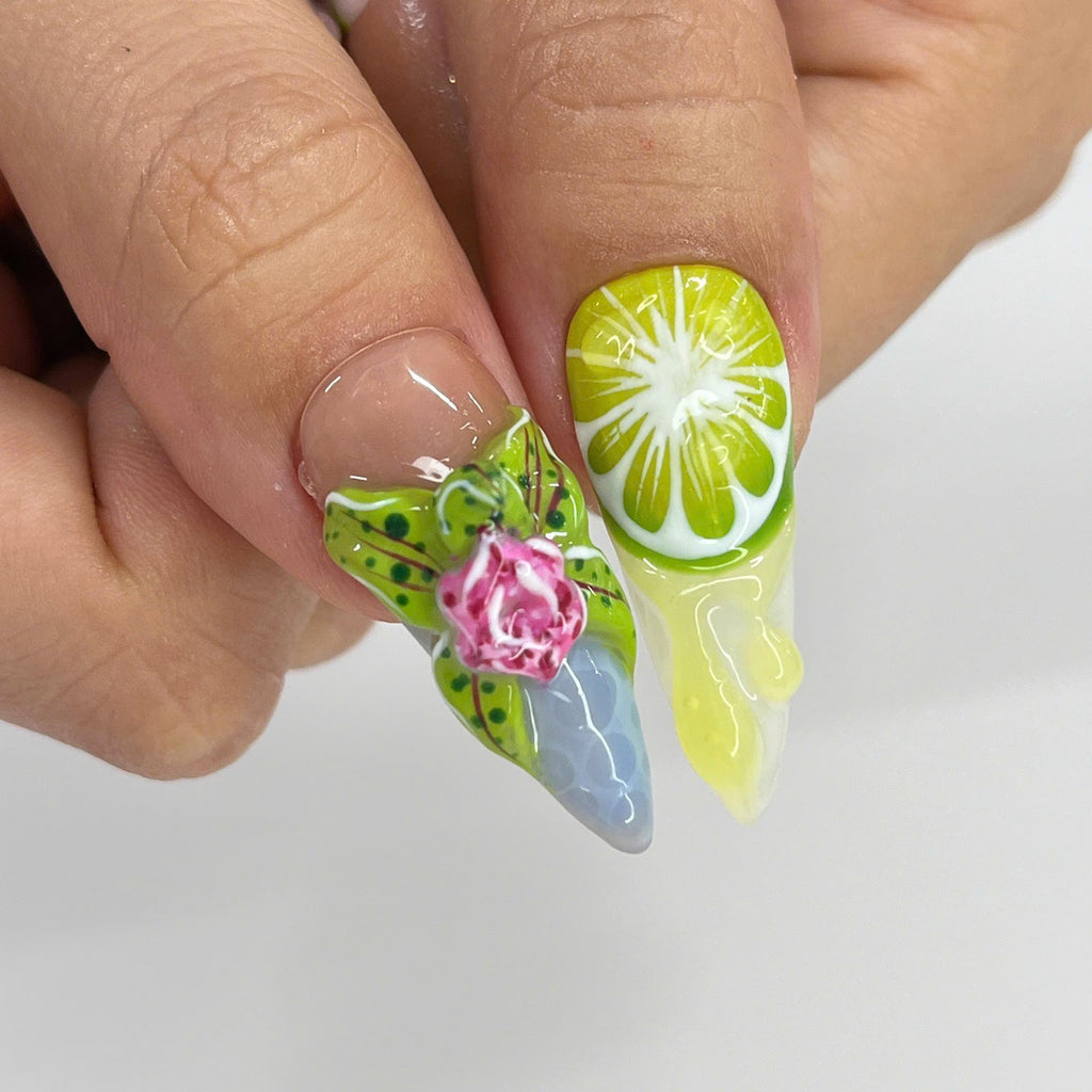 Summer Press On Nail with Lime Cherry |Starfish & Mermaid Fake Nail in Long Almond | 3D Floral Nail Art for Beach Holiday Vacation