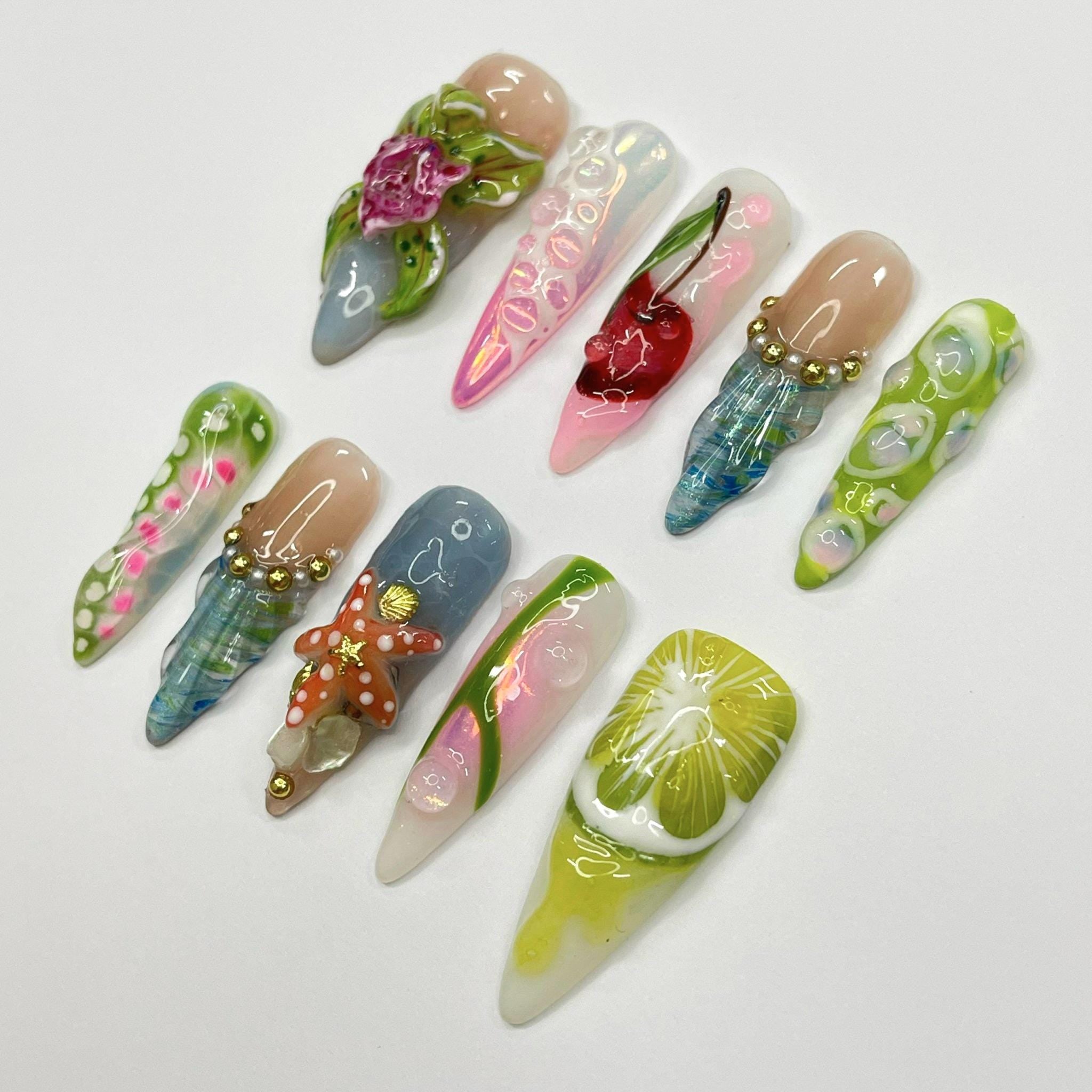 Summer Press On Nail with Lime Cherry |Starfish & Mermaid Fake Nail in Long Almond | 3D Floral Nail Art for Beach Holiday Vacation