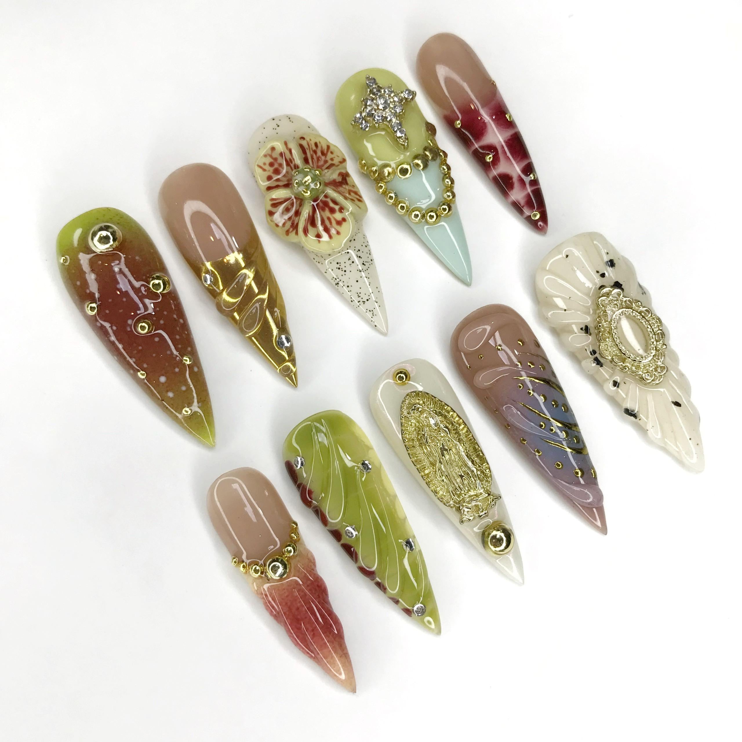 Press On Nails Golden Orchid with Floral | 3D Fake Nails in Long Stiletto | Handmade Elegant Cow Nail Art for Holiday, Vacation, Birthday