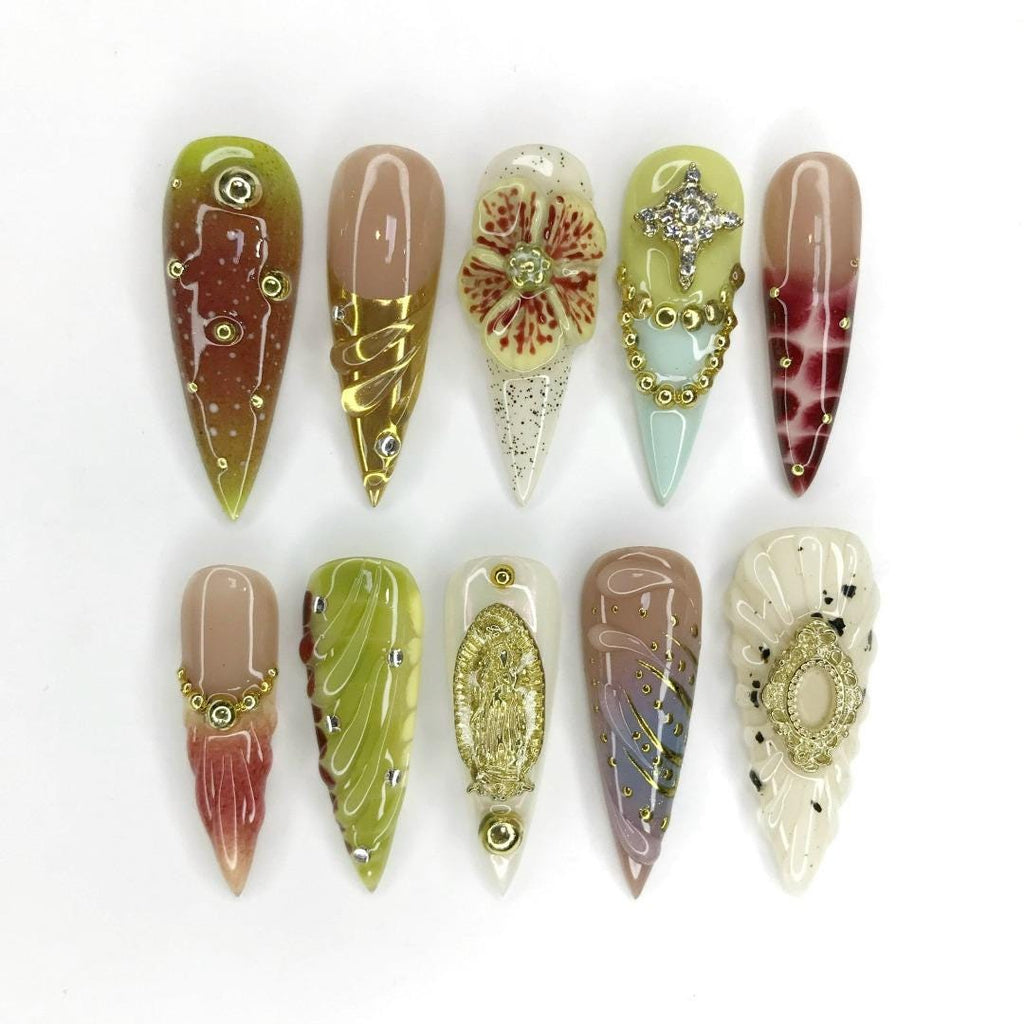 Press On Nails Golden Orchid with Floral | 3D Fake Nails in Long Stiletto | Handmade Elegant Cow Nail Art for Holiday, Vacation, Birthday
