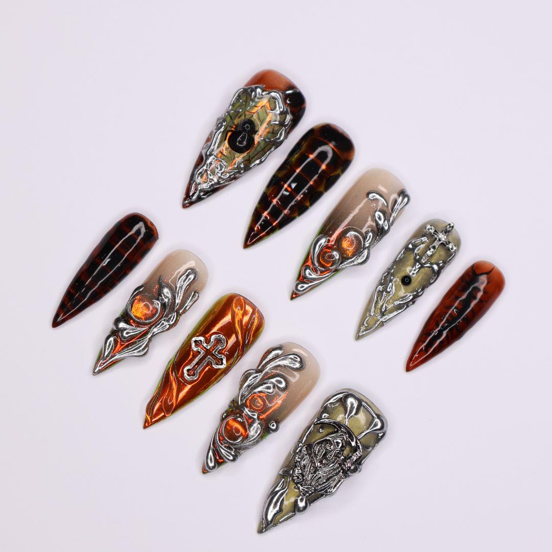 Gothic Chrome Stiletto Press-On Nails with 3D Silver Chains, Cross, Handmade Statement Nails for a Bold and Edgy Look, Halloween Night Party
