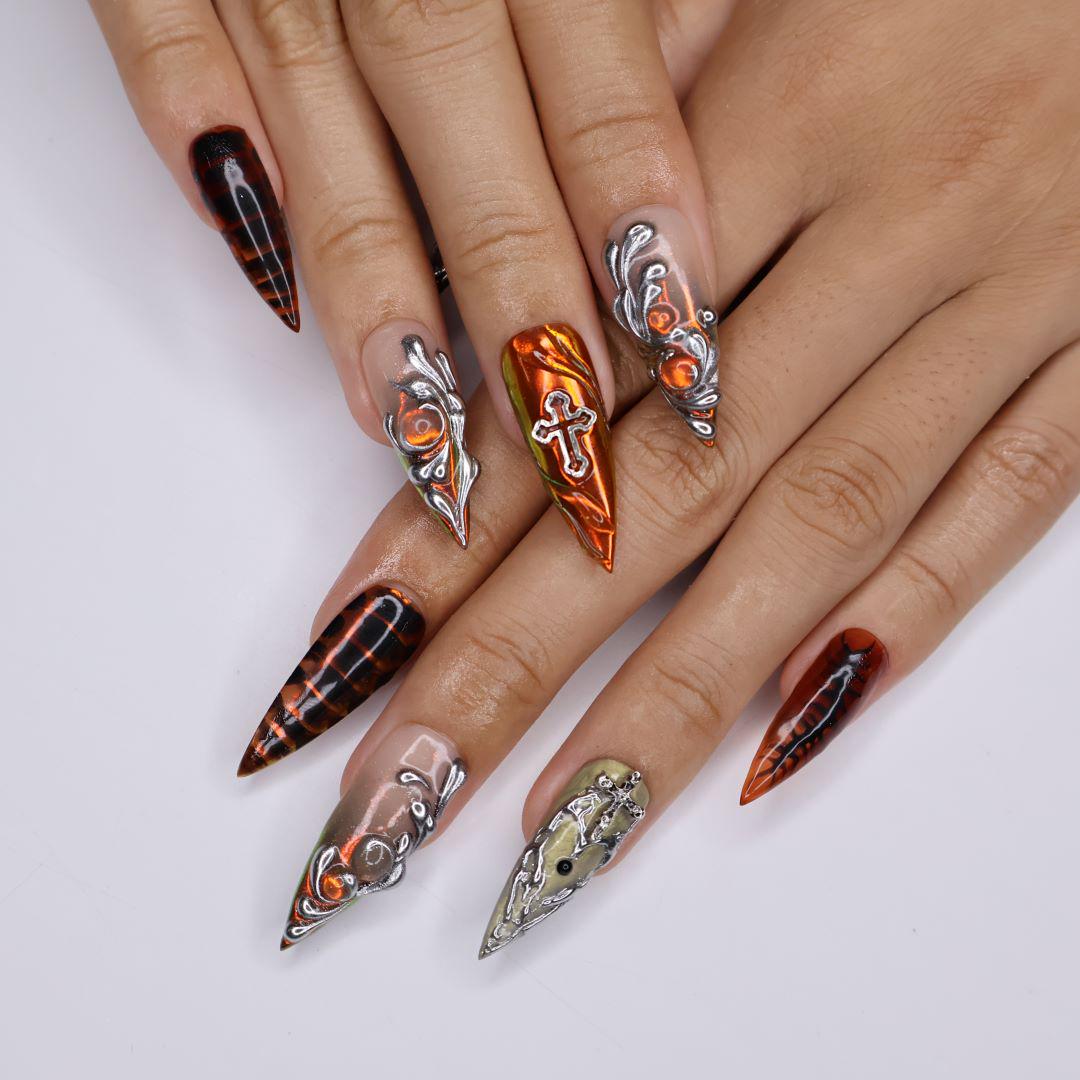 Gothic Chrome Stiletto Press-On Nails with 3D Silver Chains, Cross, Handmade Statement Nails for a Bold and Edgy Look, Halloween Night Party