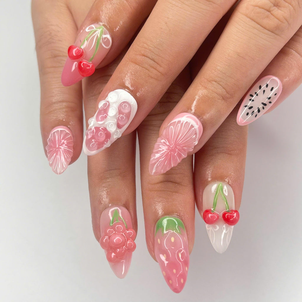 Strawberry Cherry Press-On Nails with 3D Bubbles and Floral Details, Handmade Kawaii Nail Set for a Cute & Fun Look or Gift for Her